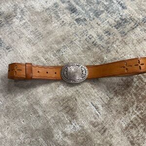 Old Navy Tan Leather Belt with Ornate Silver Buckle